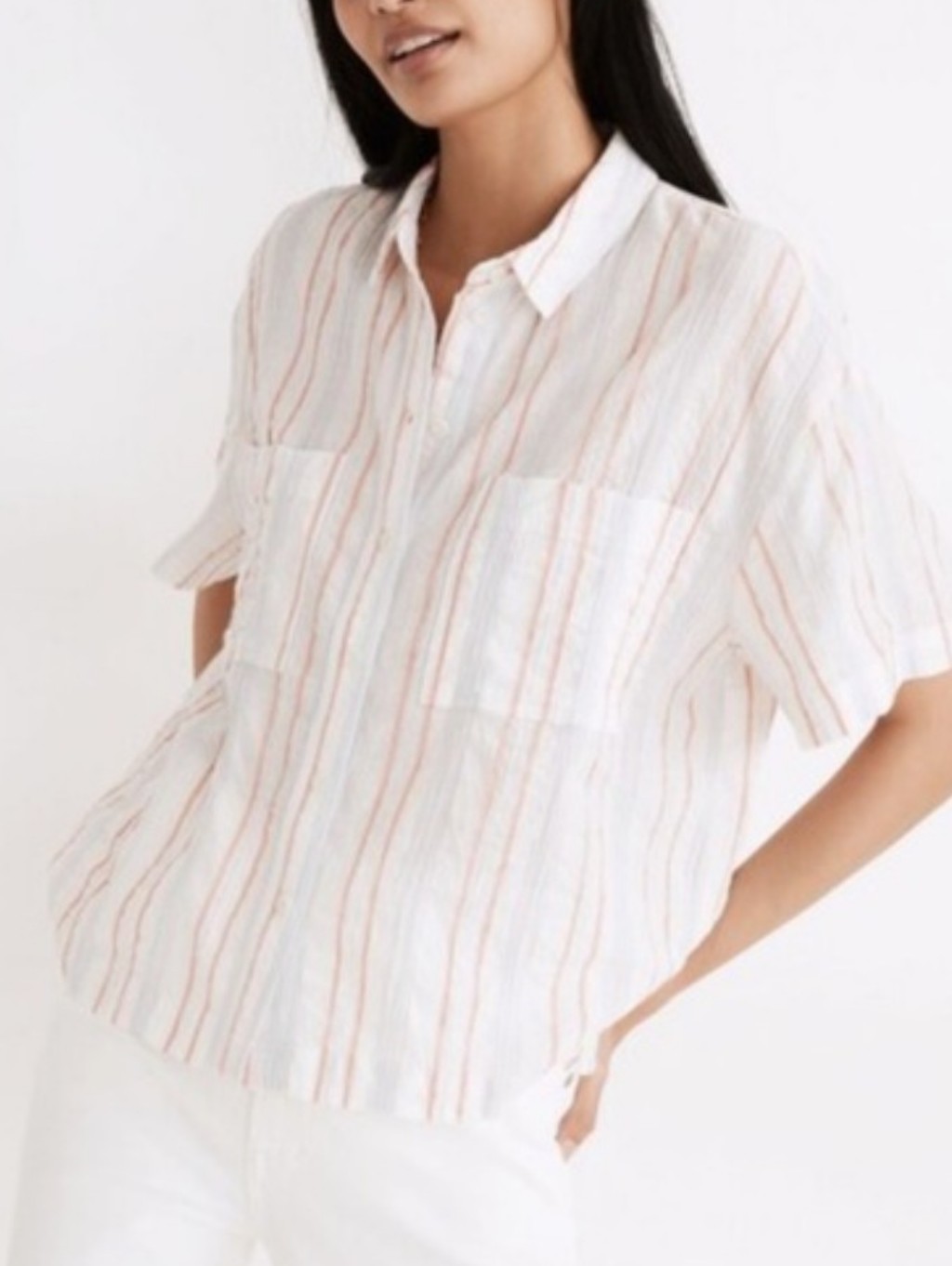 Madewell Button Up Short Sleeve Shirt White And Orange Striped Top Small